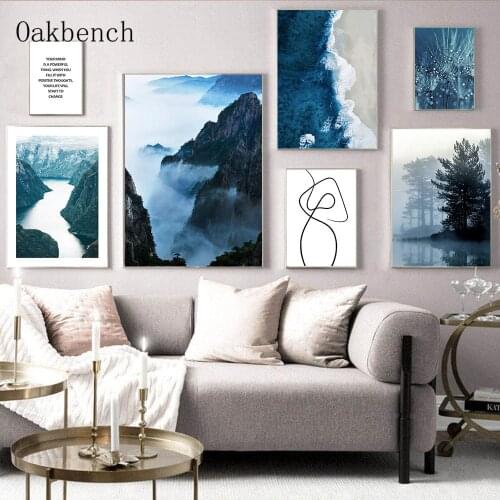Natural Landscape Wall Art Canvas Painting Blue Poster Forest Mountain Art Print Nordic Wall Pictures For Living Room Decoration