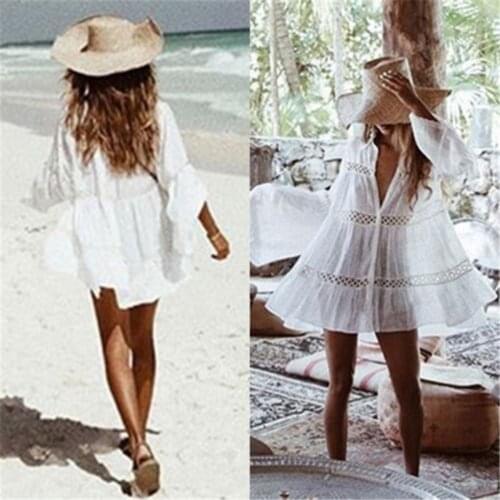 New Casual Loose Solid Women Lace Crochet Sexy Bikini Swimwear Beach Dress Cover Up Bathing Suit Summer Clothes
