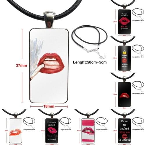 Necklace With Steel Plated Glass Cabochon Choker Long Pendant Rectangle Necklace For Women Jewellery Kiss To Unlock