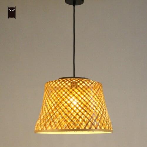 Craft Bamboo Wicker Rattan Round Shade Pendant Light Fixture Vintage Japanese Meditation Hanging Ceiling Lamp Restaurant Room