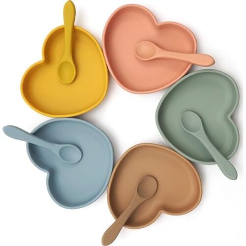 Heart Shape Dinnerware Silicone Cookware Plate For Food Feeding BPA Free Dining Appliance Training Spoon Tableware Baby Stuff