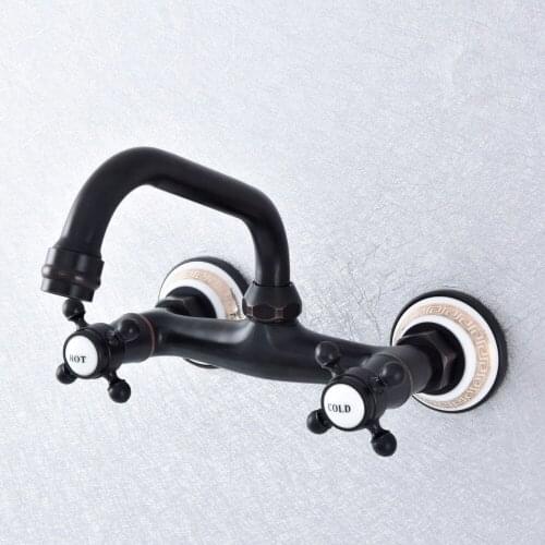 Oil Rubbed Bronze Dual Handles Bathroom Kitchen Sink Faucets Wall Mounted Swivel Spout Two Holes Kitchen Mixer Taps Nsf732