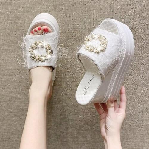 Crystal slippers women summer platform wedge slippers women sandals high heels slippers beach slides platform sandals women 2021
