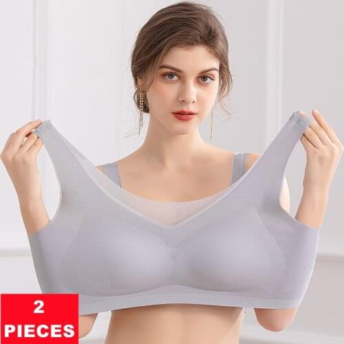 2Pcs Ultra Thin Plus Size Net Yarn Seamless Womens Bras Underwear Push Up Bra Big Size Lace Silk Breathable Female Bra Camisole