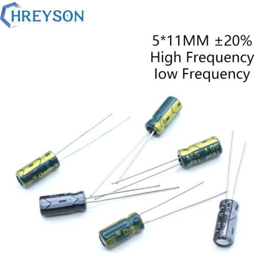 20Pcs 5*11 High Frequency Low ESR Aluminum Electrolytic Capacitor Kit 100V 50V 25V 100UF 10UF 22UF 33UF Full Values Assorted Set