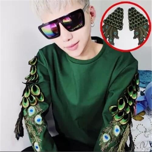 2 Piece High Quality Wings Embroidery Lace Fabric Peacock Feather Lace Patch Sew on Applique Clothes Decoration