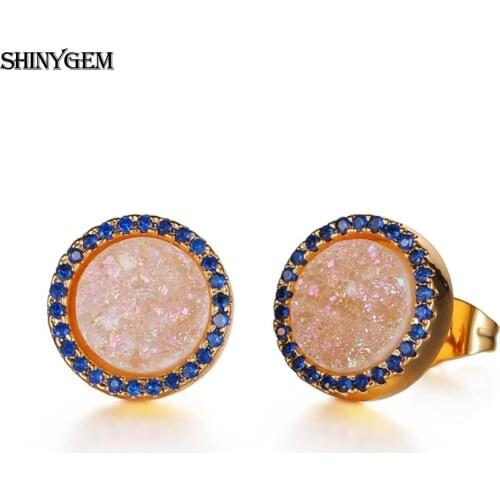 ShinyGem 2020 Trendy 10mm Round Sparkling Opal Crystal Druzy Micro Inlay Zircon Gold Plating Stud Earrings For Women Gift