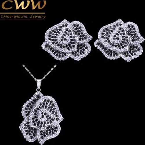 CWWZircons Micro Paved Black White CZ Stones Vivid Flower Fashion Women Silver Color Earrings Necklace Jewelry Set T155