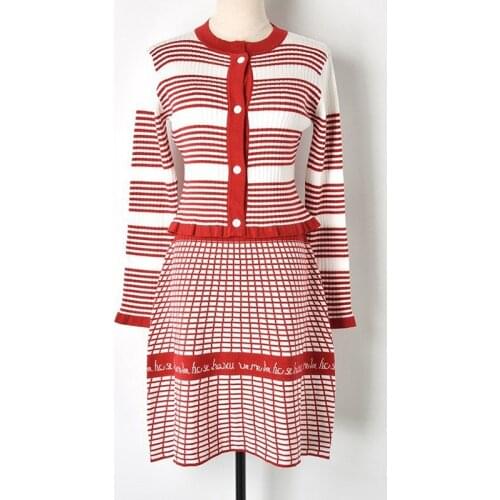 Runway Sweater Knitted Dress 2 Piece Set Women 2018 Winter Striped Jersey Twinset Long Sleeve Jacket Top Mini Skirt Suit Outfits