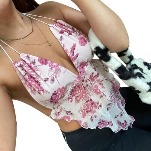 Women Halter Crop Cami Tops Hot Sexy Sleeveless Backless Deep V Neck Floral Print Camisole Summer Beach Holiday Jumper Top Shirt