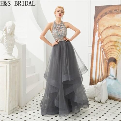 H&S BRIDAL Sexy Backless Evening Dress Beading Halter Evening Gown Tulle formal dress Ruffle Prom Dresses 2019 robe de soiree