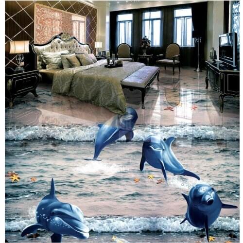 3D Floor Non-slip Waterproof Self-adhesive PVC Wallpaper Modern Custom 3D Floor Mural Dolphin Dolphin Bathroom Living Room Floor