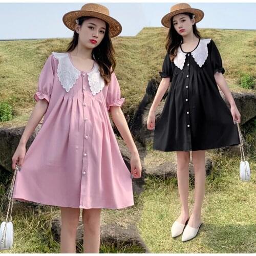 438# Maternity Dress Summer Short Sleeves Button Open Turn Down Collar Loose Stylish Dress Pregnant Women Mom Dress