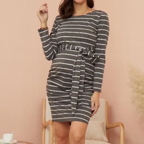 #57 Autumn Pregnancy Dress Women Clothes Long Sleeve Round Neck Stripe Maternity Dress With Belt Schwangerschaft Nachtwäsche