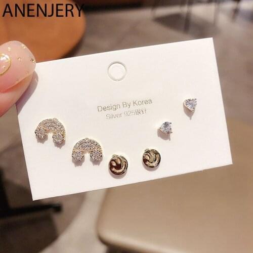 ANENJERY Fashion Rainbow Heart Smiling Face Stud Earrings Set Gold Silver Color Micro Zircon 6-piece Earrings For Women