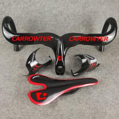 Black Red 3K UD Glossy CARROWTER carbon Handlebar Road Bike Saddle Seat Water Bottle Cages Holders