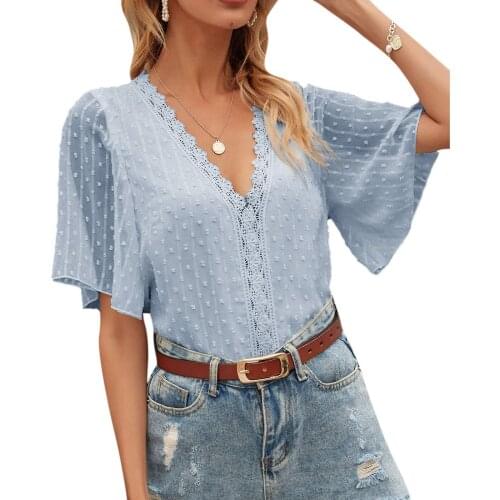 Womens Half Puff Sleeve Lace Dots Shirts Deep V Neck Vintage 4 Colors Blouse Elegant Tops camisetas de mujer para verano
