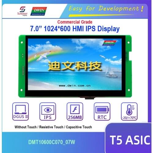 Dwin T5 HMI Display, 7.0" 1024X600 DMT10600C070_07W IPS TTL LCD Module Screen with Resistive Capacitive Touch Panel
