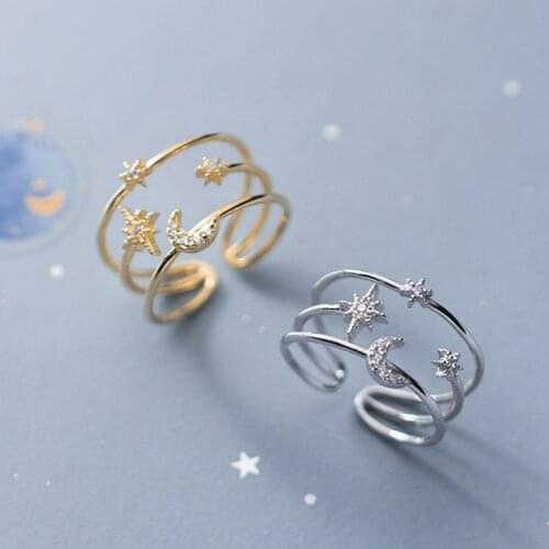 Multilayer Moon Stars Ring Women 925 Sterling Silver Open Ring Zircon Fashion Simple Rings Charm Jewelry Gift Accessories