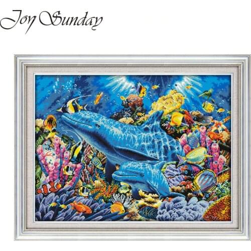 Joy Suanday Embroiderie Cross Stich Kit Counted 11CT 14CT Animal Pattern Dolphins in the Sea DMC Printed Canvas Needlework Sets
