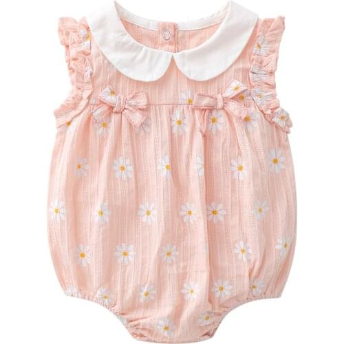 New 2021 summer childrens clothing baby jumpsuit climbing clothes pink stripe printing wrinkled chrysanthemum triangle romper