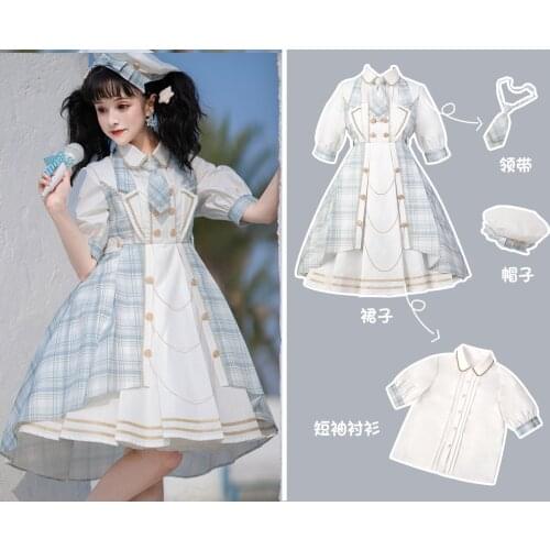 Original Design Little Idol Playing Costume Womens Lolita JSK Dress & White Short Sleeve Shirt & Hat Llight Blue Checks