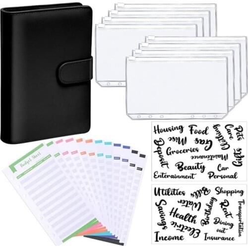 PPYY-A6 PU Leather Notebook Binder Budget Planning Notepad, 6 Ring Binder Sleeves, 8 Binder Pockets, for Bill Planning