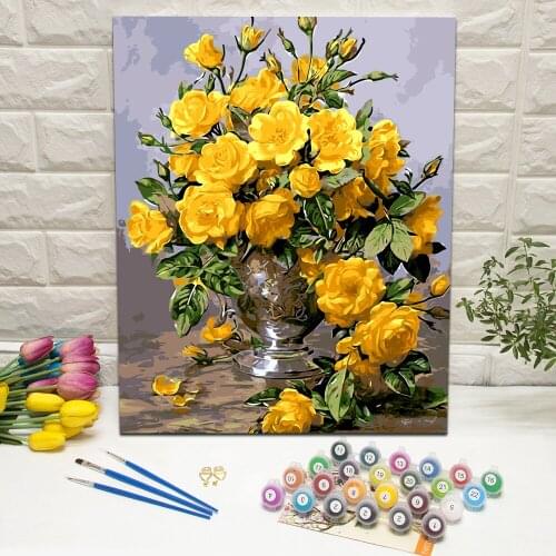 Framed Roses in a Silver Vase Oil Painting by Number Hand Painted Canvas Wall Art For Living Room Decoration Wall Art 40x50cm