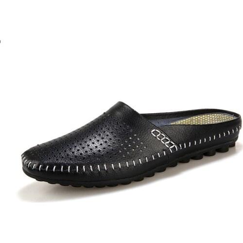 Breathable Hollow Casual Shoes Men Loafers Genuine Leather Italian Summer Half Shoes Men Slip On Water Shoes Luxury Brand