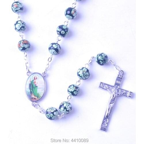 Green Mottel Glass Bead Rosary Necklace Jude Pray For Us