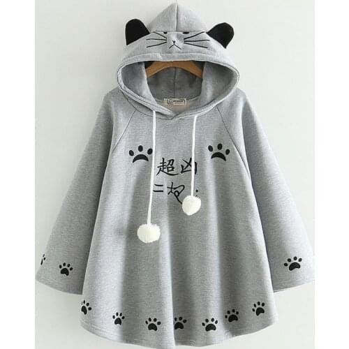 Japanese style cat footprints embroidery plus velvet warm hooded student girl cloak women sweatershirts