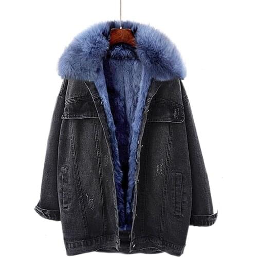 Removable Fox Fur Collar Rex Rabbit Fur Liner Denim Jacket Women Loose 5 Color Winter Thick Warm Parker Jeans Jacket Coat Female