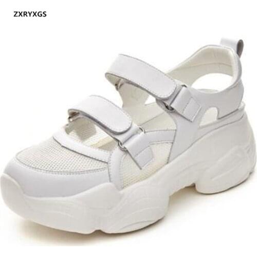 Hot 2021 New Summer Cowhide Mesh Splicing Breathable Summer Sneakers Women Sandals Casual Sandals Platform Light Increase Shoes