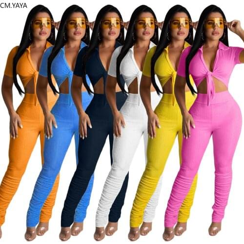 Women Two Pieces Sets Summer Tracksuits Short Sleeve Tie Up Crop Top Stacked Bell Bottom Ruched Pants Suit Fitness Outfits 2Pcs