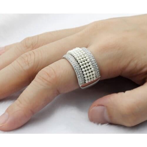 925 Sterling Silver Pearl Women Rings with Cubic CZ Stones for Women Girls Engagement Wedding Finger Ring Jewelry Gifts