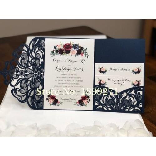 50pc Dark Navy Blue Invitations faire part de mariage invitation luxurious laser cut wedding invitation cards with envelope RSVP