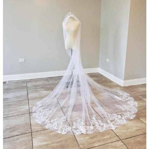 White Ivory Lace Cathedral Wedding Veil with Metal Comb, Embroidered Lave Floral Scroll Veil, Single Tier Long Length Veil