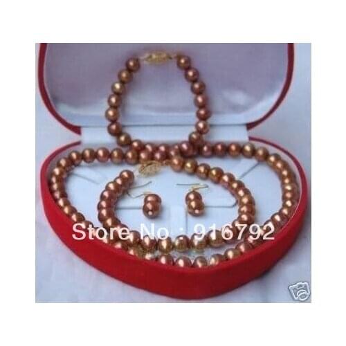 Free shipping >>>>17"8-9mm Natural south sea chocolate pearl necklace earring Bracelet SETS