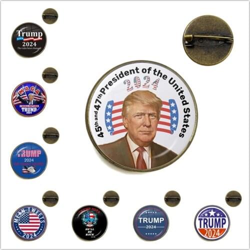 He Will Be Back 2024 American USA Election Trump Glass Cabochon Brooch Fashion Collar Pins Jewelry For Women Mens Gift