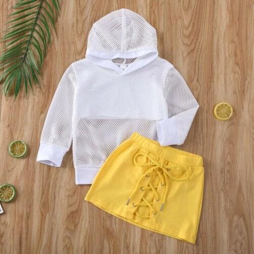 Infant Baby Girl Kid Hooded Mesh Sweatshirt Tops + Bandage Tight Skirt Hollow Clothes Sets Toddler Streetwear