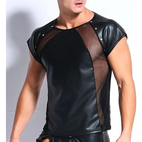 Elastic Faux Leather Mesh Undershirt Men Tops Hip Hop Summer Wetlook T Shirt Males Sexy Fitness Male Muscle Tees Black Clubwear