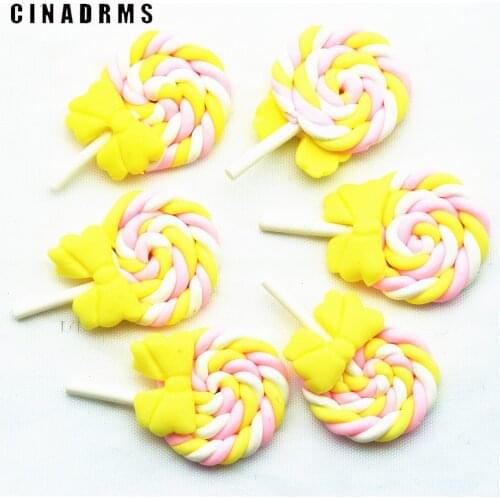 28mmX47mm Baked Polymer Clay Lollipop with Light Yellow Ribbon,Soft Clay DIY Embellishment Crafts,Fake Sweets Miniatures