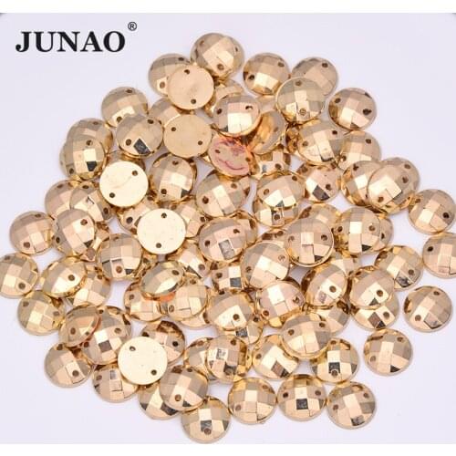 JUNAO 500pcs 10mm Gold Color Sew On Rhinestones Flatback Golden Crystal Stones Sewing Acrylic Strass Appliques for Clothes