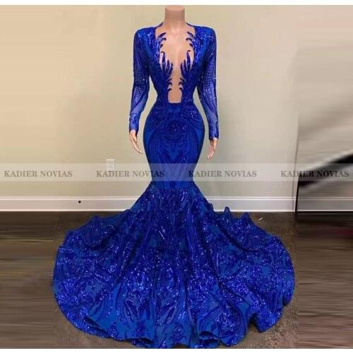 KADIER NOVIAS Wholesale Long Sleeves Royal Blue Mermaid Prom Dresses 2021 with Train Sheer Neck Sequins Evening Party Gowns