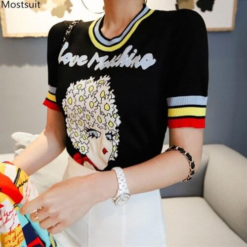Summer Fashion Knit Tops Women Fashion Striped Letters Character T-shirt Korean Style Casual Tee Shirt Femme 2021 Tshirt
