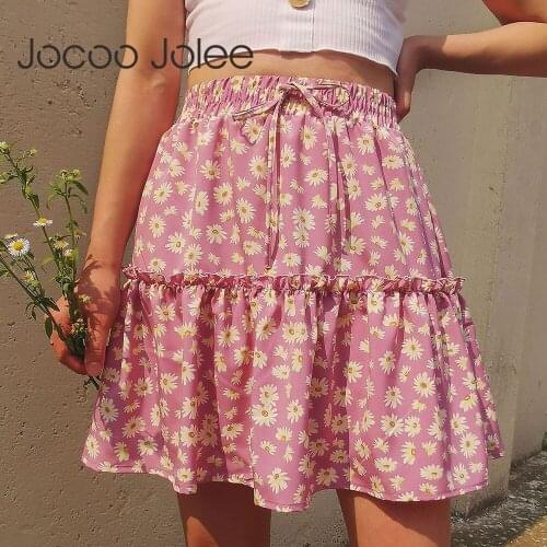 Jocoo Jolee 2020 Summer Boho Floral Print Mini Skirt Women Elegant Ruffles Short Skirts Elastics Waist Lace Up A-Line Skirts