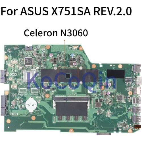 KoCoQin Laptop motherboard For ASUS X751SA X751S X751SJ X751SV Mainboard REV.2.0 SR2KN Celeron N3060 tested