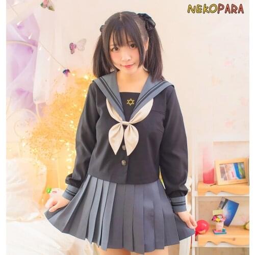 Hexagram Star Embroidery Cute Japanese School Girls Uniform JK 2Pcs Set:Short Sleeves Sailor Collar Blouse+Skirt Cosplay