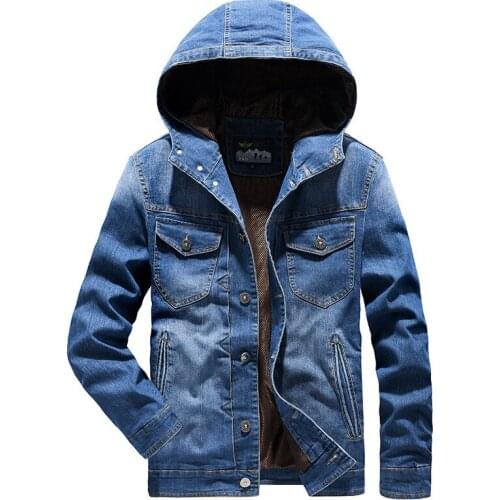 2019 New arrival men hooded denim jacket coat long sleeves multi pockets single breasted jeans outfit plus size blouse top M-4XL