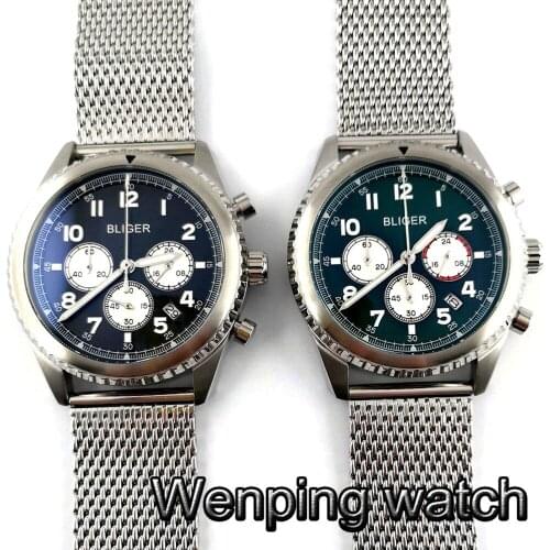 Bliger 45mm mens Chronograph quartz watch silver case bidirectional bezel date luminous stainless steel mens top watch